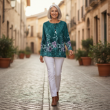 Yolande - Pull turquoise à fleurs