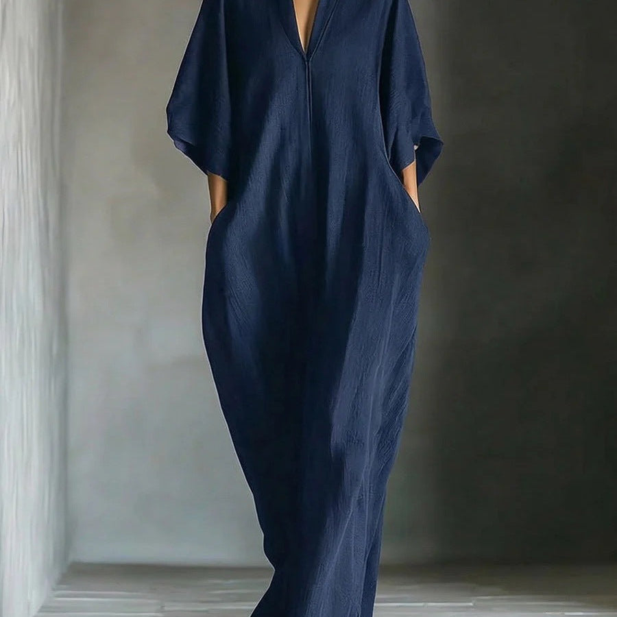 Aline - Robe longue avec manches 3/4 et décolleté en V