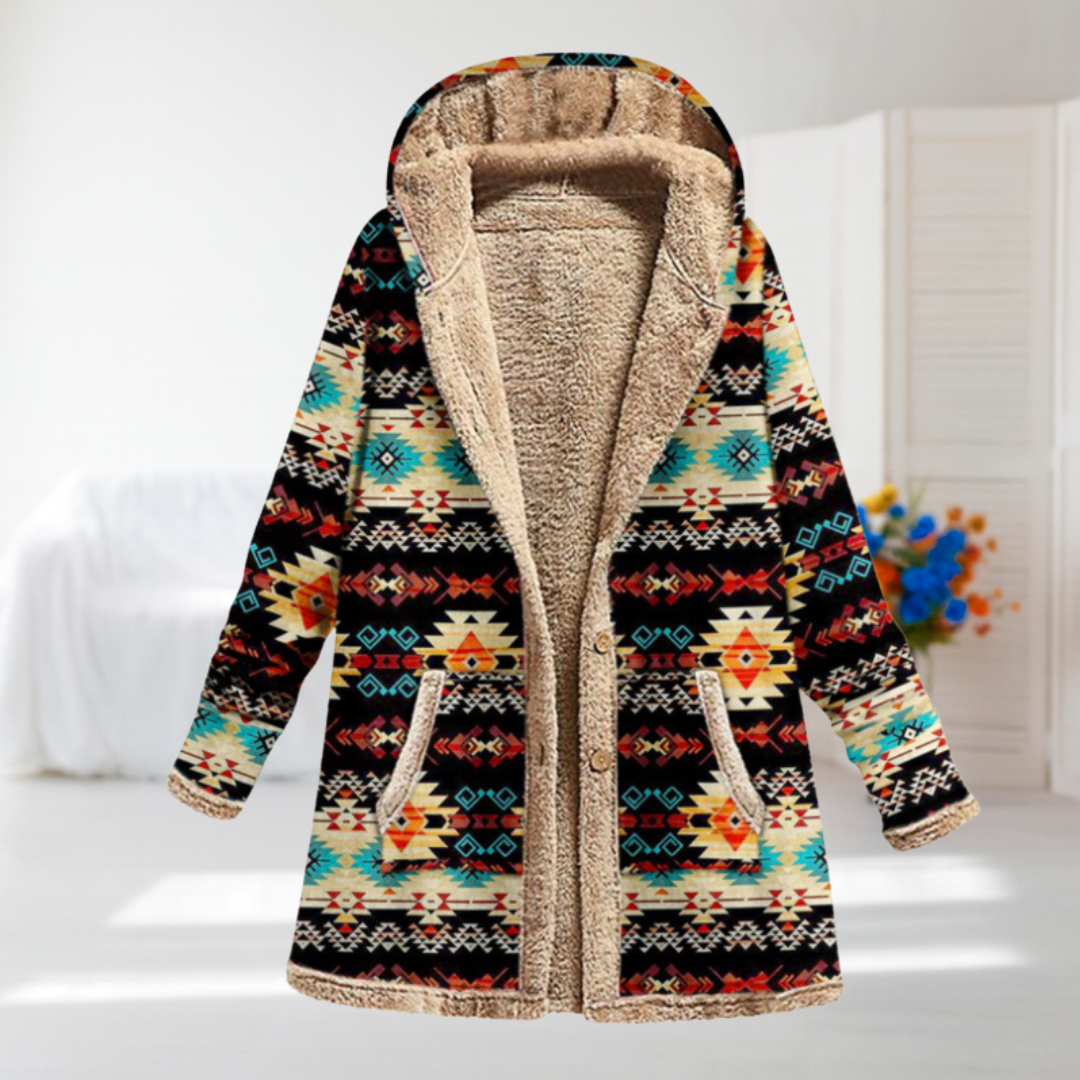 Pétronille - Manteau à motif aztèque, noir et turquoise
