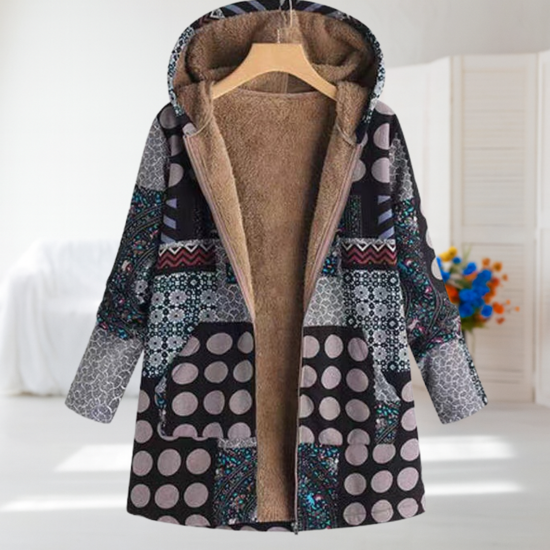 Amandine - Manteau patchwork noir et gris à motifs mêlés