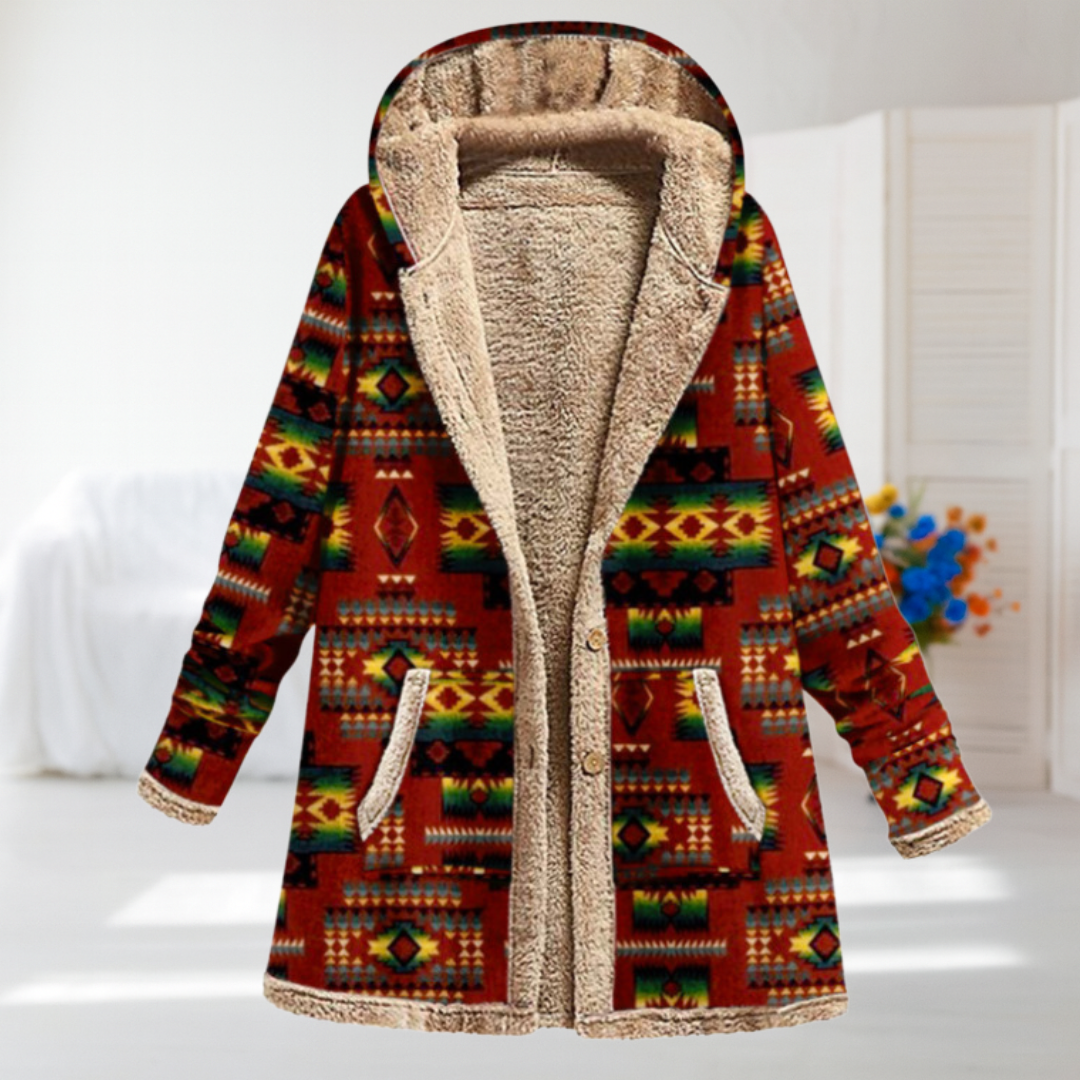 Violaine - Manteau à motif aztèque bordeaux et crème