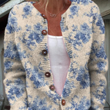 Noémie - Cardigan beige à fleurs bleues