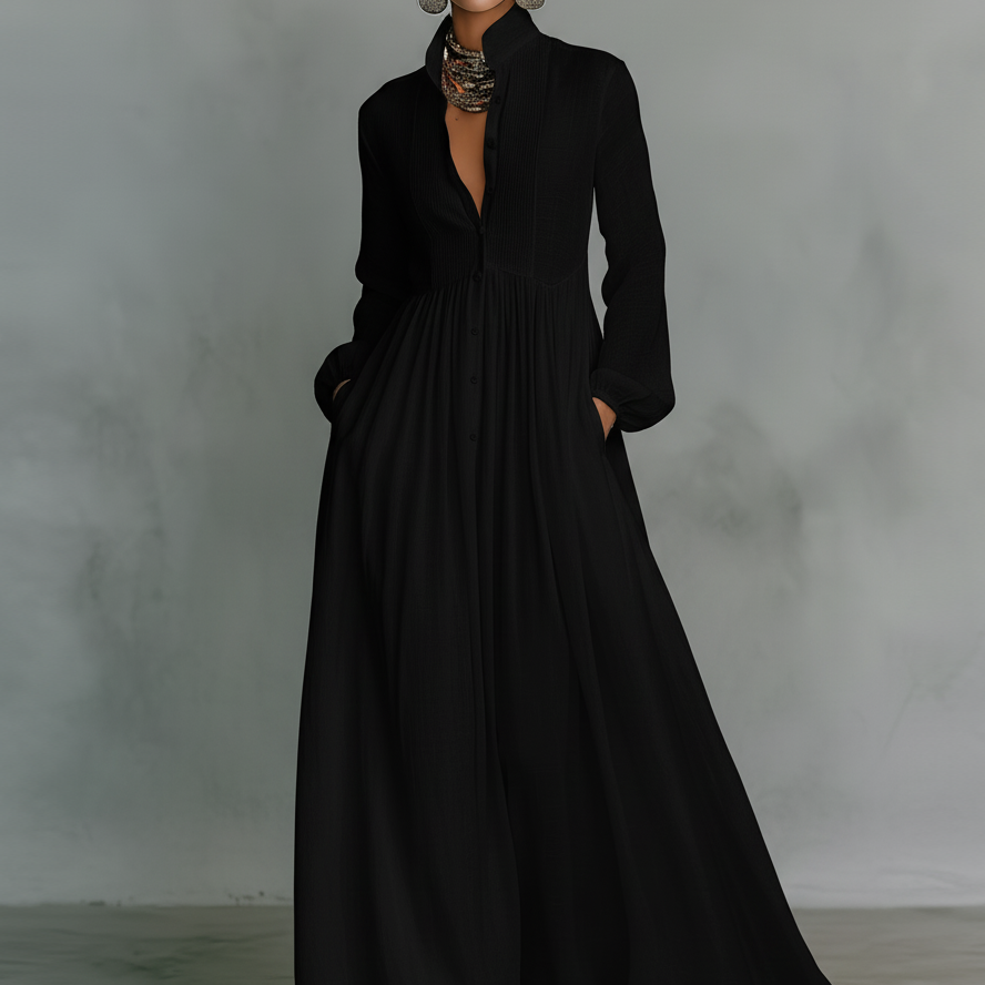 Béatrice - Robe Maxi en Lin Patchwork Col Montant