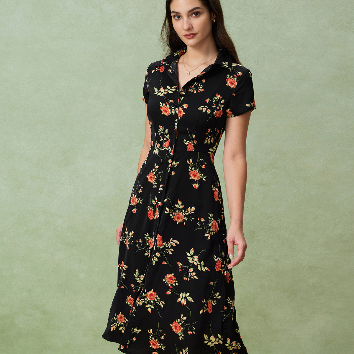 Gloria - Robe Midi Noire Fleurie