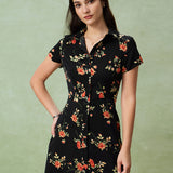 Gloria - Robe Midi Noire Fleurie