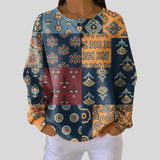Angèle - Pull patchwork ethnique bleu et orange