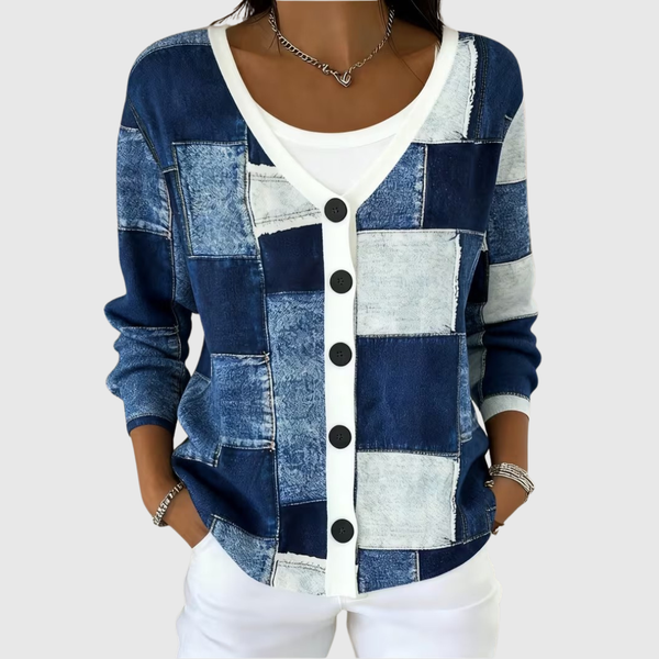 Léonie - Cardigan boutonné en patchwork denim
