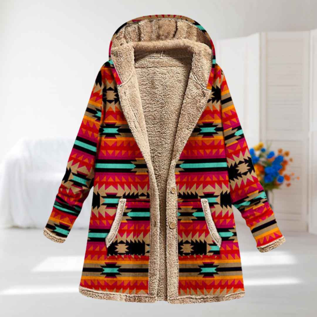 Sabine - Manteau à motif aztèque, rouge et orange