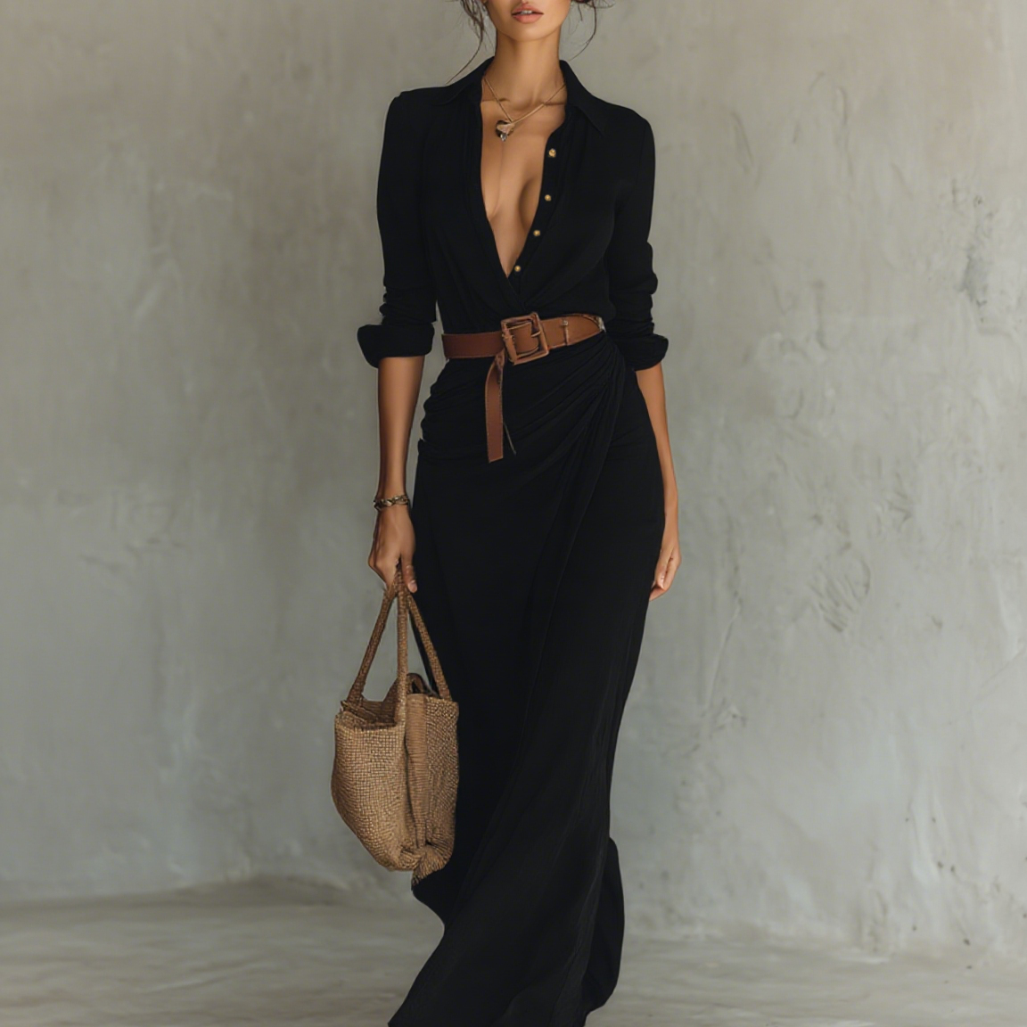 Capucine - Robe maxi à col revers à manches longues