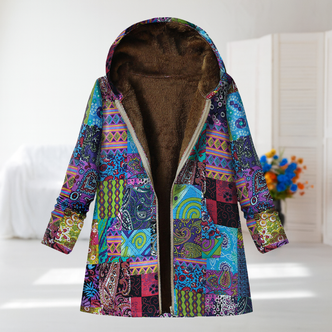 Octavie - Manteau patchwork violet et turquoise