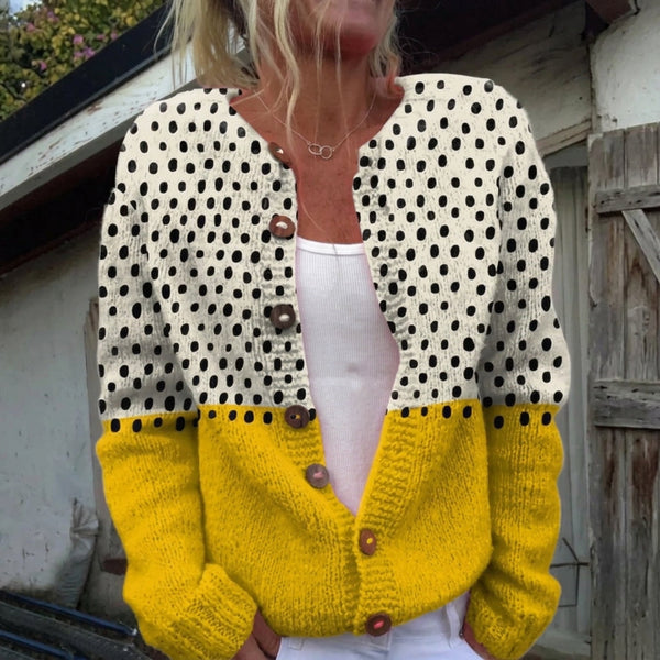 Bérénice - Cardigan en maille jaune à pois et boutons