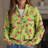 Laure - Cardigan zippé vert citron à fleurs roses
