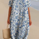 Magnolia - Robe en Ivoire Décorée d'Accents Floraux en Bleu Porcelaine
