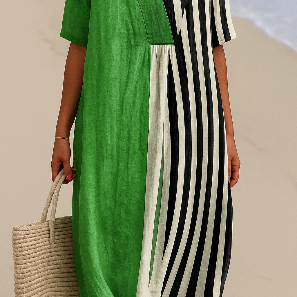 Noémie - Robe Verte Vibrante avec Rayures Noires