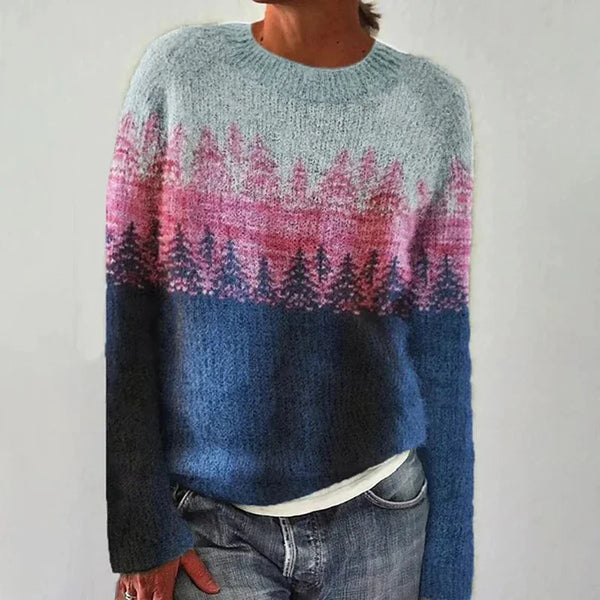 Ariane - Pull vintage à forêt de sapins, rose et bleu marine