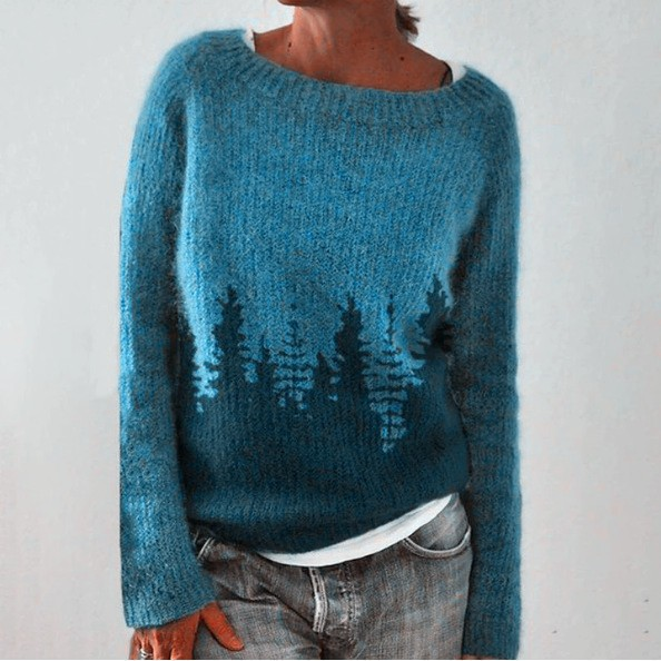 Alexandrine - Pull vintage bleu canard à forêt de sapins