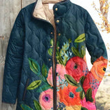Félicité - Veste matelassée bleu foncé à grandes fleurs peintes