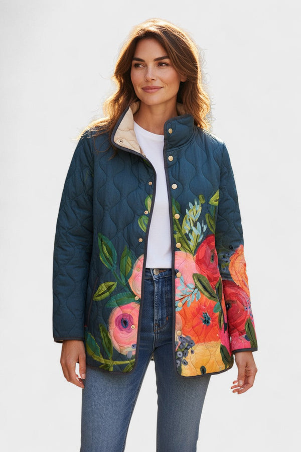 Félicité - Veste matelassée bleu foncé à grandes fleurs peintes