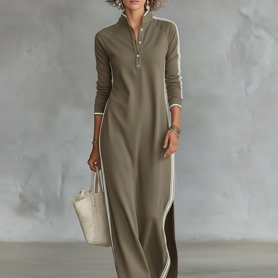 Eugénie - Robe Maxi en Sweat avec Col Boutonné