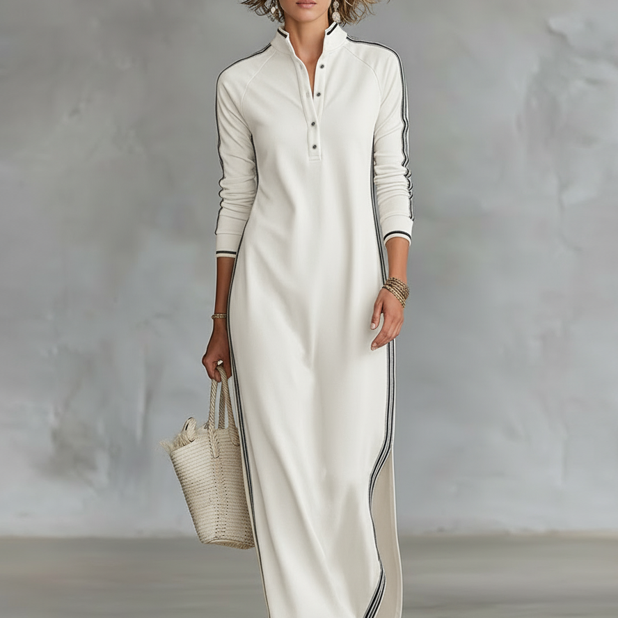 Eugénie - Robe Maxi en Sweat avec Col Boutonné
