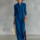 Eugénie - Robe Maxi en Sweat avec Col Boutonné