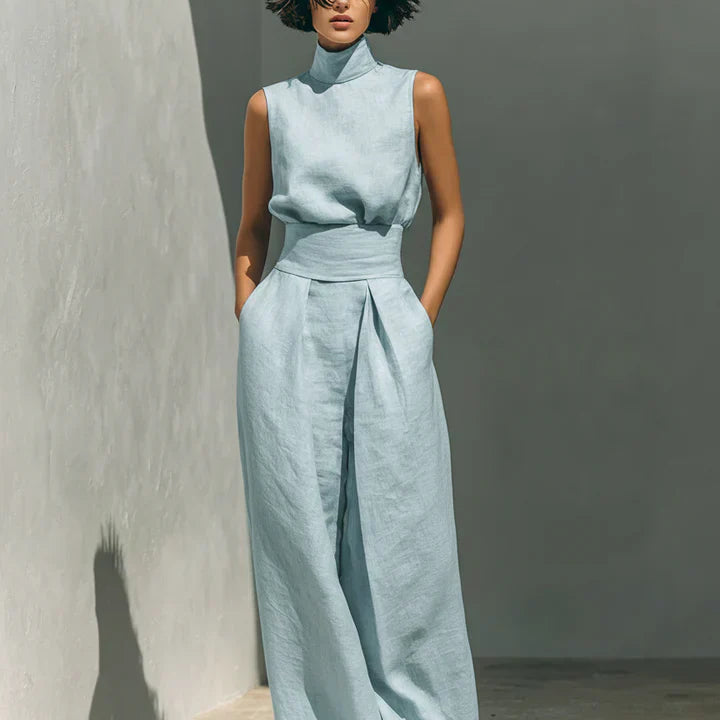 Fleur - Ensemble minimaliste de blouse sans manches et pantalon à jambes larges en coton et lin pour femme