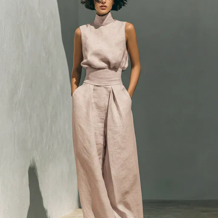 Fleur - Ensemble minimaliste de blouse sans manches et pantalon à jambes larges en coton et lin pour femme