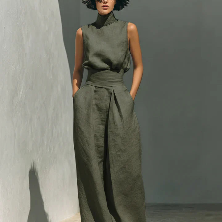 Fleur - Ensemble minimaliste de blouse sans manches et pantalon à jambes larges en coton et lin pour femme