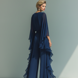 Clémence - Ensemble en Chiffon Bleu Marine avec Volants