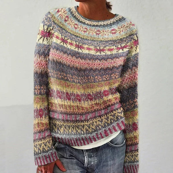 Albine - Pull vintage à fines bandes jacquard rose et jaune