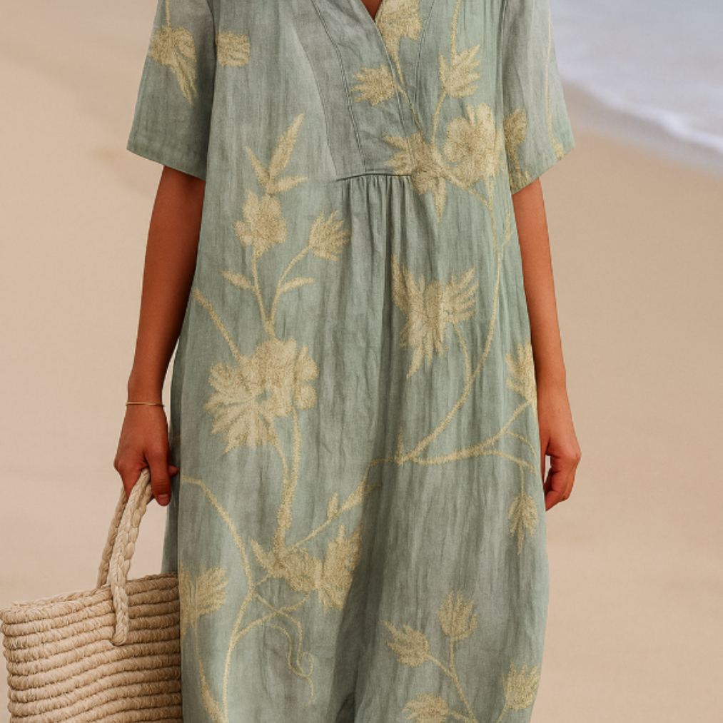 Clémentine - Robe Bleu-Gris avec Broderie Florale