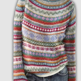 Paulette - Pull rétro à bandes jacquard pastel et rouge