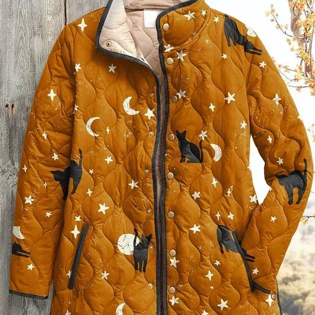 Claudie - Veste matelassée ocre à chats et étoiles
