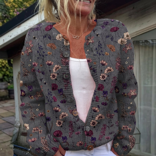 Sylviane - Cardigan gris à semis de petites fleurs