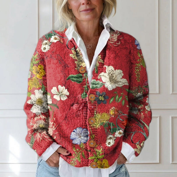 Émilienne - Cardigan rétro rouge à imprimé floral