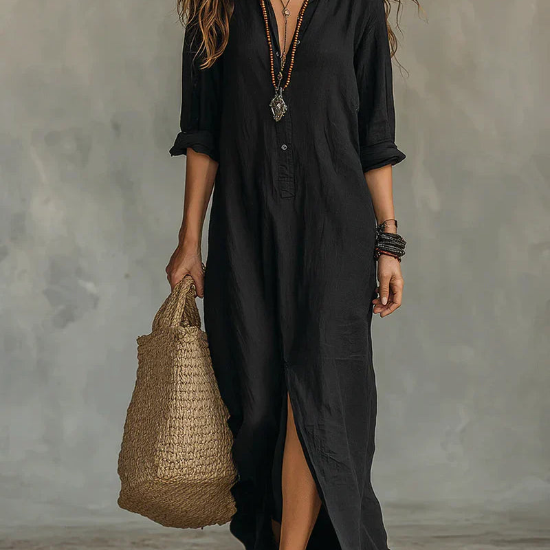 Céline - Robe Maxi Noire Ample avec Boutons
