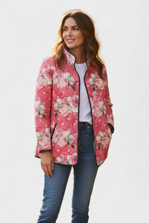 Aurore - Veste matelassée corail à motif de roses