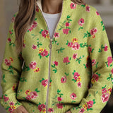 Laure - Cardigan zippé vert citron à fleurs roses