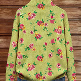Laure - Cardigan zippé vert citron à fleurs roses