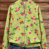 Laure - Cardigan zippé vert citron à fleurs roses