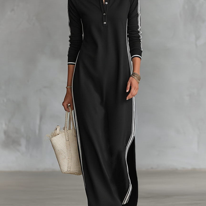 Eugénie - Robe Maxi en Sweat avec Col Boutonné