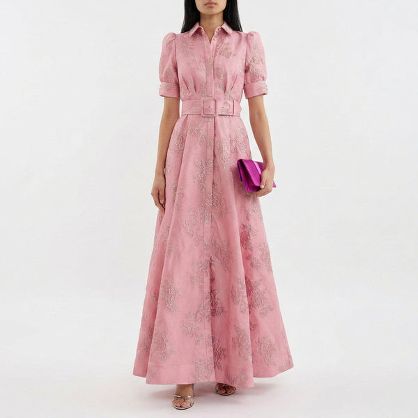 Mathilde - Robe Longue en Jacquard Floral avec Ceinture
