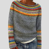 Sylvette - Pull rétro gris à empiècement jacquard multicolore
