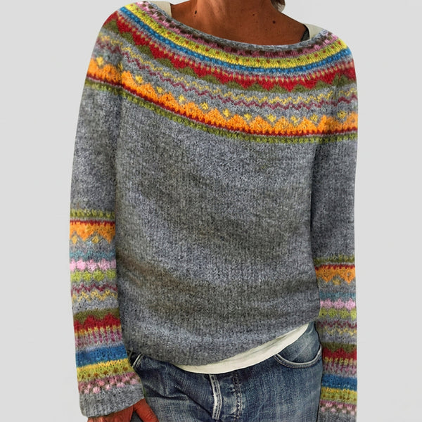 Sylvette - Pull rétro gris à empiècement jacquard multicolore