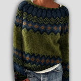 Romane - Pull rétro vert olive à jacquard nordique