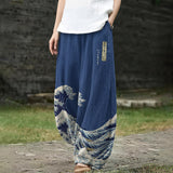 Ariane – Pantalon large bleu marine à motif de vagues