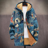 Victorine - Manteau à capuche à vagues japonaises bleu et orange
