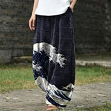 Aurélie – Pantalon large bleu marine à vagues stylisées