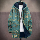 Jeanne - Manteau à capuche à fleurs dorées sur turquoise