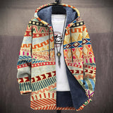 Mélanie - Manteau à capuche à motif aztèque beige et rouge